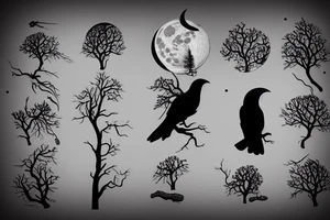 The moon covered by a silhouette of a gnarled tree branch with a raven sitting on it in front of the moon tattoo idea