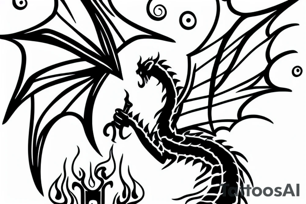 Black Dragon with candle. Trees in background. tattoo idea