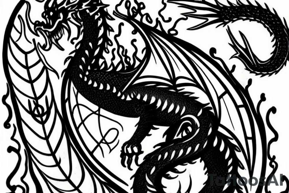Black Dragon with candle. Trees in background. tattoo idea