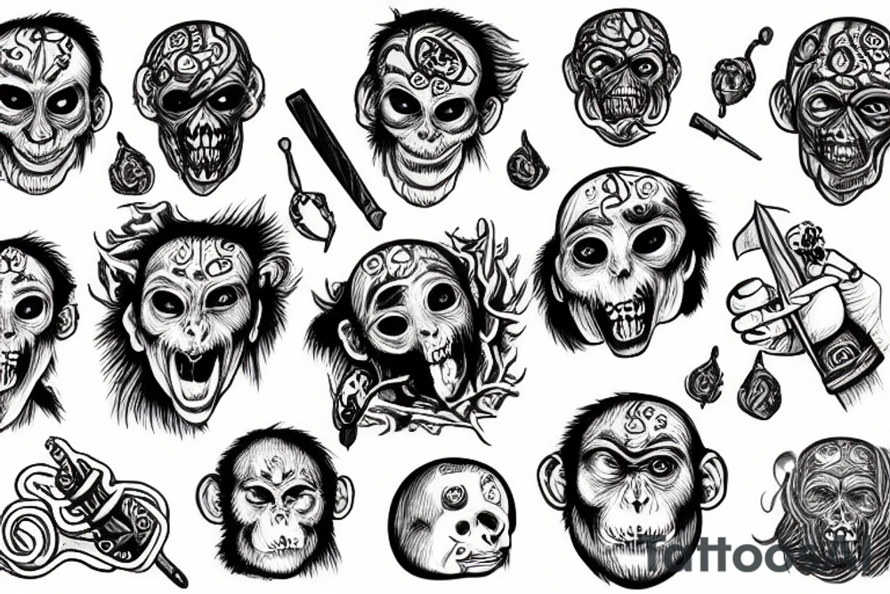 crazy monkey with brains showing and holding a dagger tattoo idea