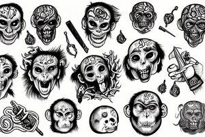 crazy monkey with brains showing and holding a dagger tattoo idea