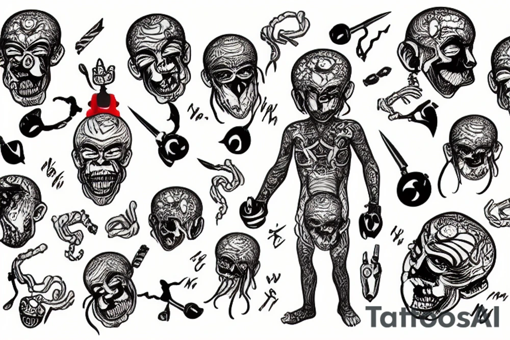 crazy monkey with brains showing and holding a dagger tattoo idea