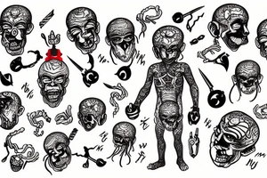 crazy monkey with brains showing and holding a dagger tattoo idea