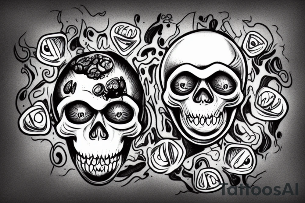 crazy monkey head and skull with brains showing and dripping blood from skull tattoo idea