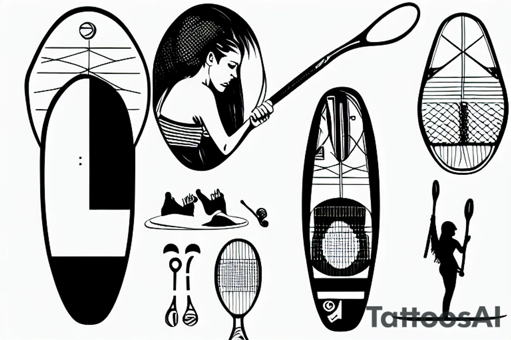 tall woman paddle boarding and holding a tennis racket tattoo idea