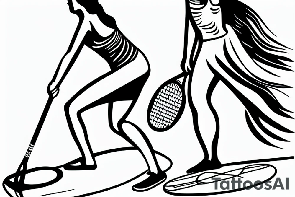 tall woman paddle boarding and holding a tennis racket tattoo idea