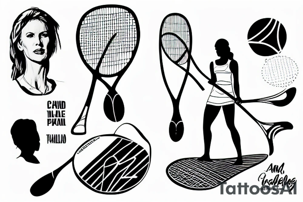 tall woman paddle boarding and holding a tennis racket tattoo idea