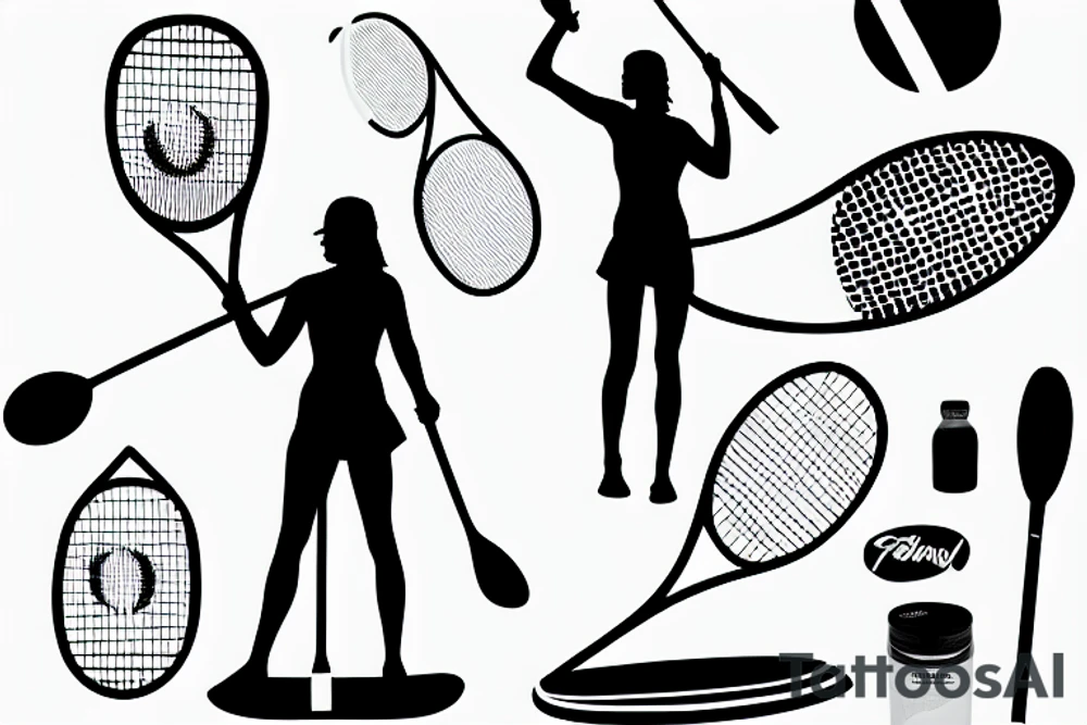 tall woman paddle boarding and holding a tennis racket tattoo idea