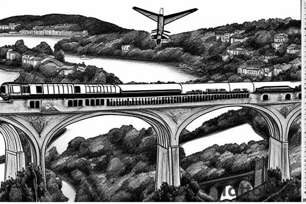 calstock railway viaduct bridge with warplane flying through valley low and fast tattoo idea