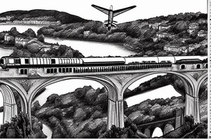 calstock railway viaduct bridge with warplane flying through valley low and fast tattoo idea
