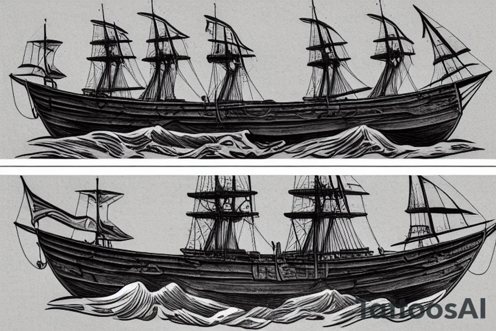 Three mast rowing ship in rough seas, trireme, roman style tattoo idea