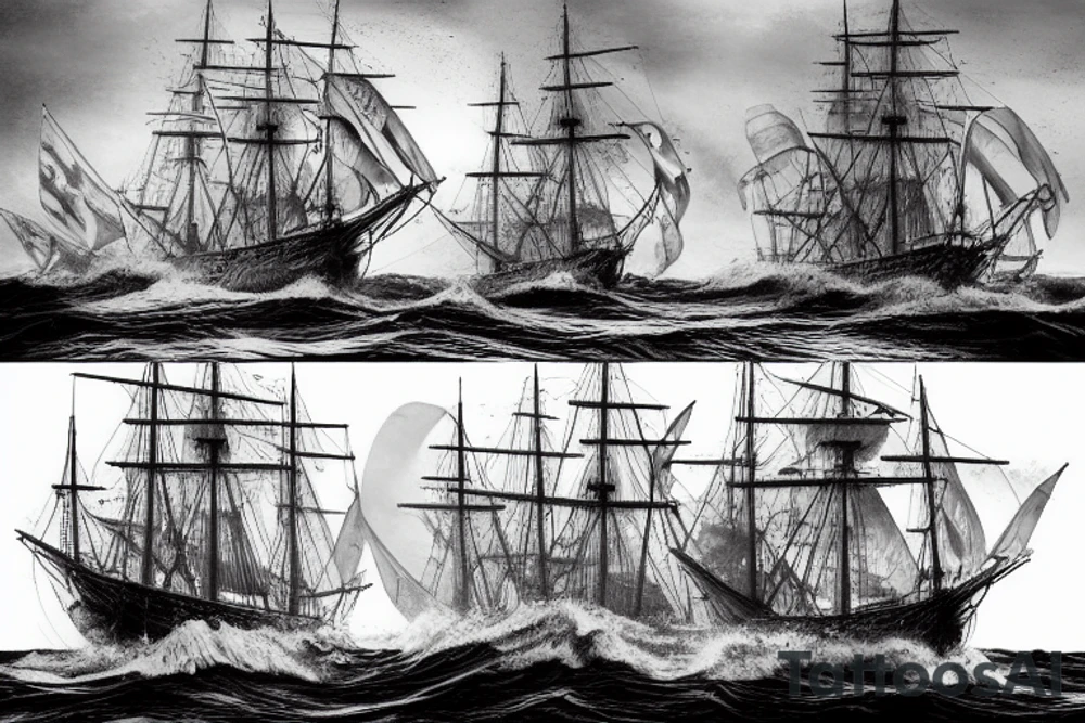 Three mast rowing ship in rough seas, trireme, roman style tattoo idea