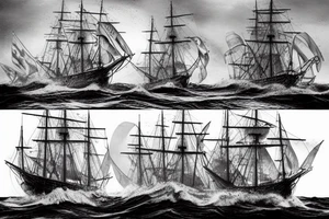 Three mast rowing ship in rough seas, trireme, roman style tattoo idea