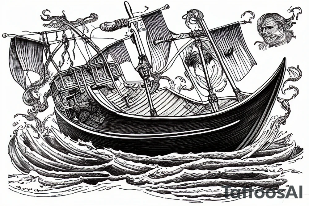 Roman Rowing ship in rough seas tattoo idea