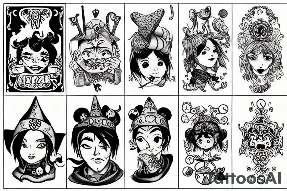 Cartoon jester offering Two pills tattoo idea