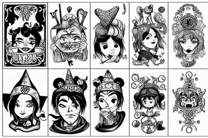 Cartoon jester offering Two pills tattoo idea
