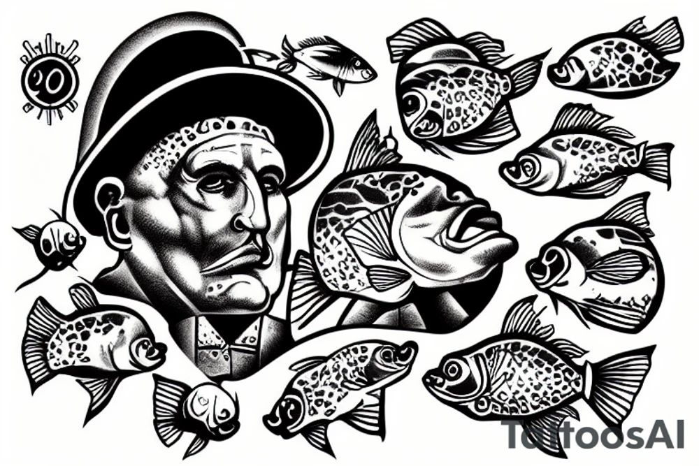 A fish with the face of Benito Mussolini eating in an 80's cafe tattoo idea