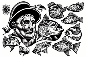 A fish with the face of Benito Mussolini eating in an 80's cafe tattoo idea