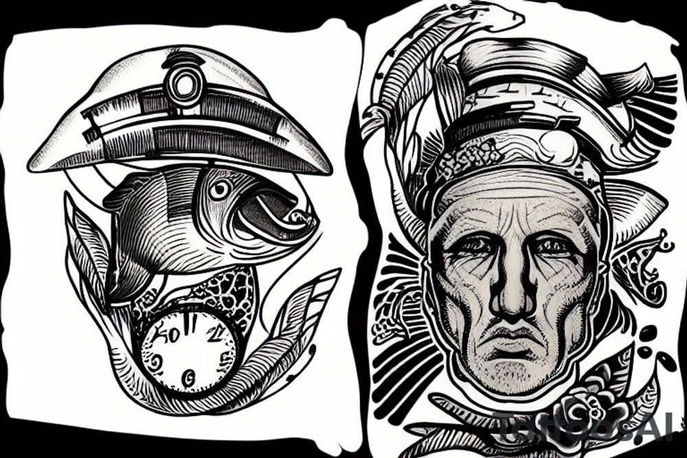 A fish with the face of Benito Mussolini eating in an 80's cafe tattoo idea