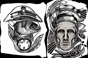 A fish with the face of Benito Mussolini eating in an 80's cafe tattoo idea