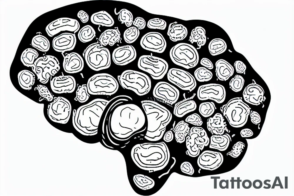 human brain sprouting from a  mushroom hovering over a clockwatch, psychedelic style tattoo idea