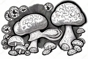 human brain sprouting from a  mushroom hovering over a clockwatch, psychedelic style tattoo idea