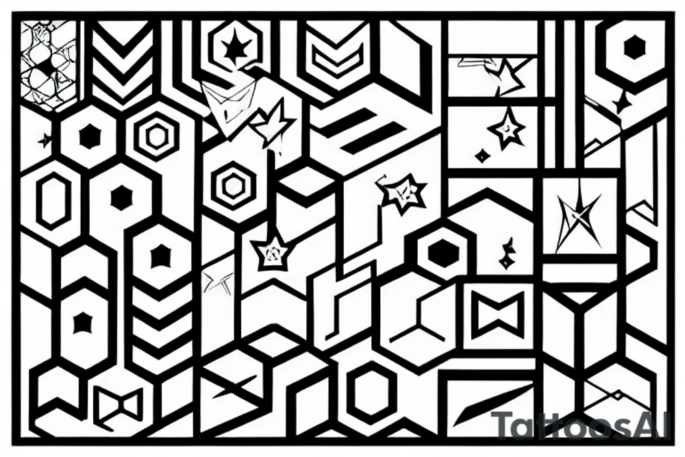 straight lines, boxes stars, hexagons, shadows, dotwork tattoo idea