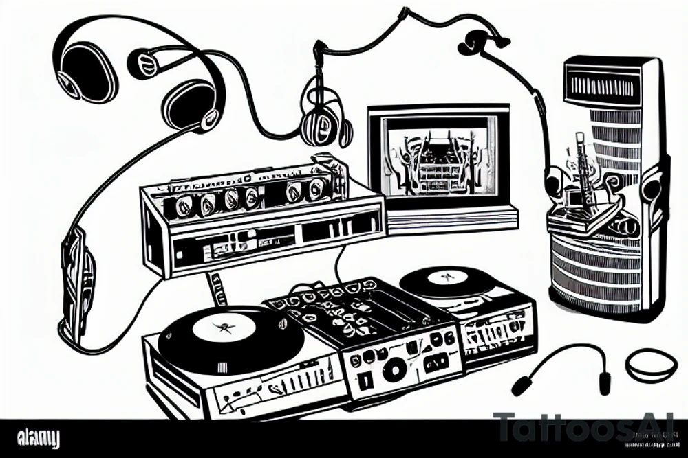 Berlin tv tower wearing a headset on a dj console tattoo idea