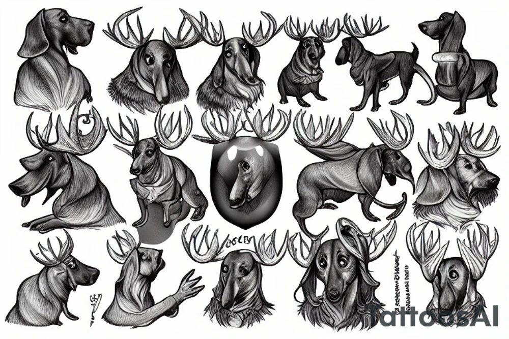 Coat of arms with Dachshunds, moose and potatoes. tattoo idea
