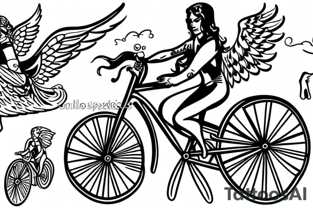 Bicycle with angel sitting on handlebars tattoo idea