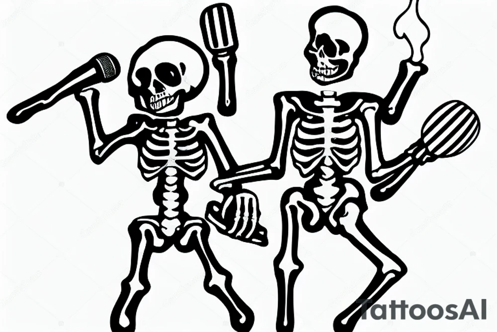 A skeleton holding a microphone on fire tattoo idea