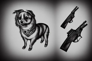 pomerianian dog with a gun shooting at a cat tattoo idea