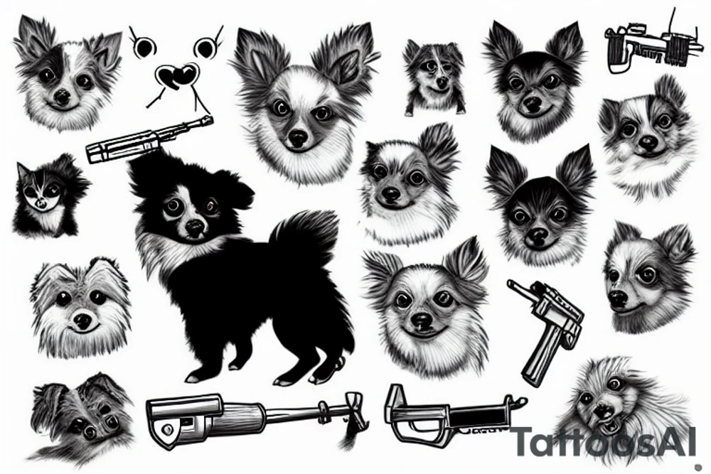 pomerianian dog with a gun shooting at a cat tattoo idea