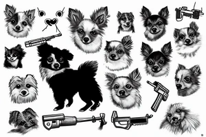 pomerianian dog with a gun shooting at a cat tattoo idea