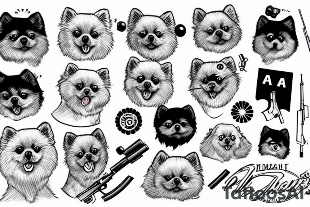 pomeranian dog with a gun shooting at a cat tattoo idea