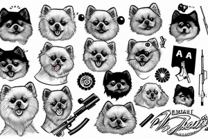 pomeranian dog with a gun shooting at a cat tattoo idea