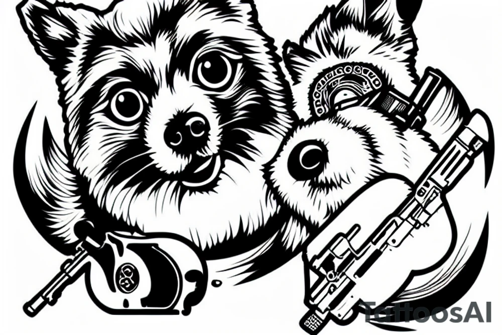 pomeranian dog with a gun shooting at a cat tattoo idea