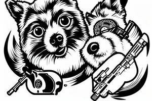 pomeranian dog with a gun shooting at a cat tattoo idea