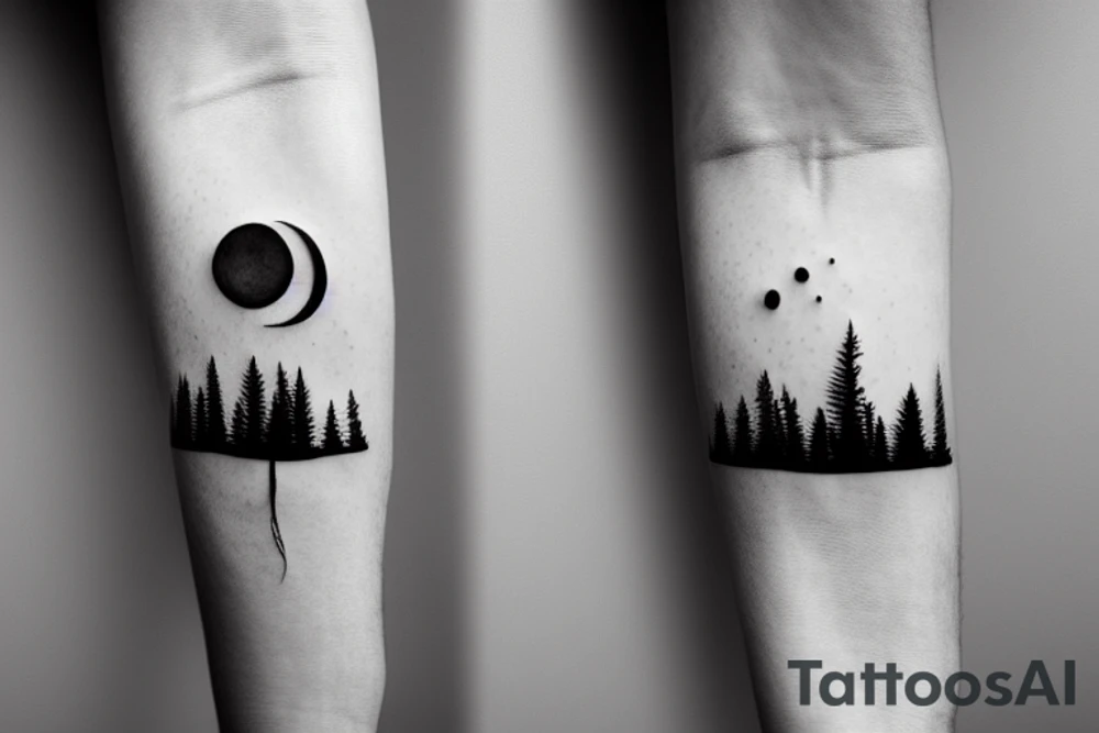 trees on the horizon with a tent and moon tattoo idea