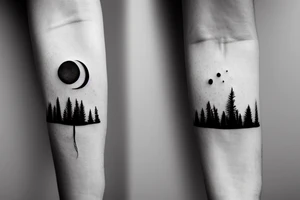 trees on the horizon with a tent and moon tattoo idea