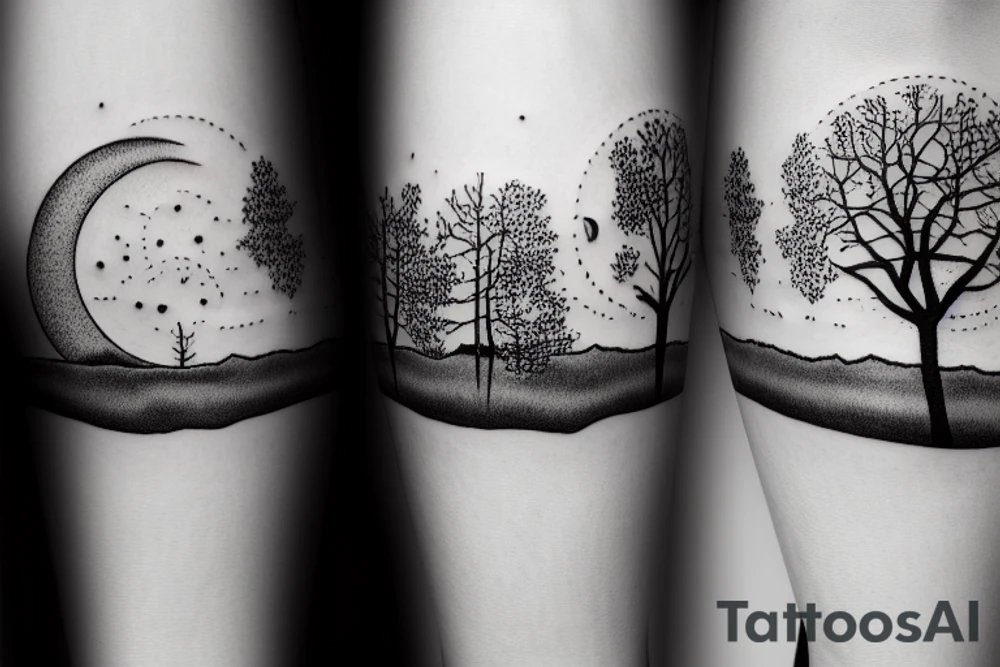 trees on the horizon with a tent and moon tattoo idea