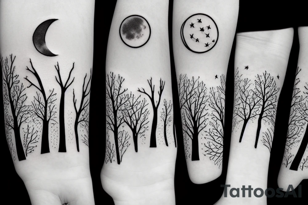 trees on the horizon with a tent and moon tattoo idea