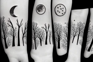 trees on the horizon with a tent and moon tattoo idea