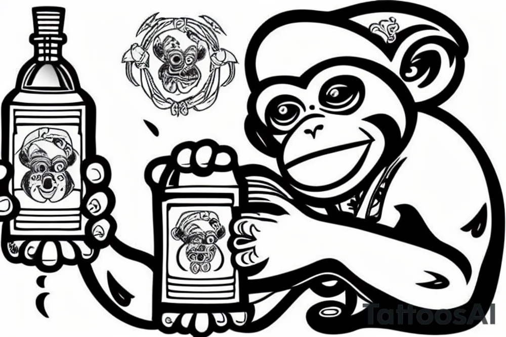 sailor monkey drinking a bottle of rum tattoo idea