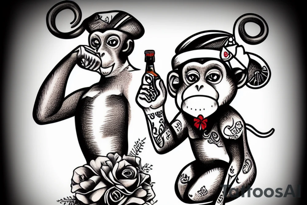 sailor monkey drinking a bottle of rum tattoo idea