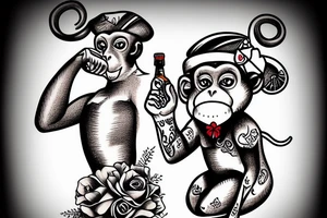 sailor monkey drinking a bottle of rum tattoo idea