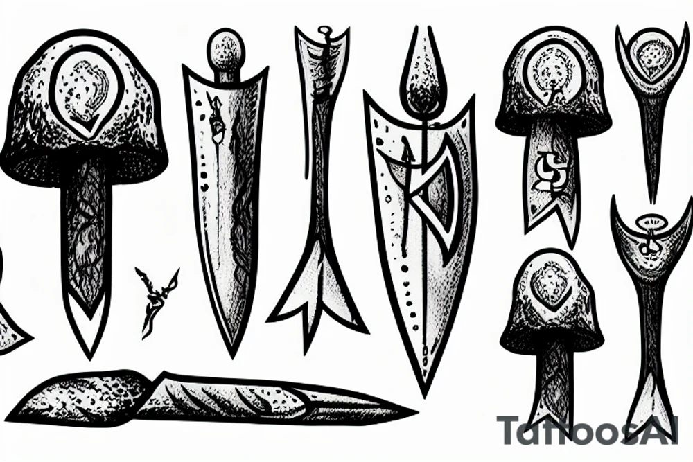 medieval dagger inside a magic mushroom tattoo idea