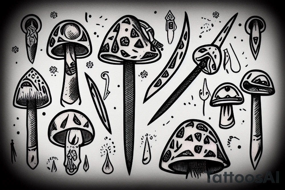 medieval dagger inside a magic mushroom tattoo idea