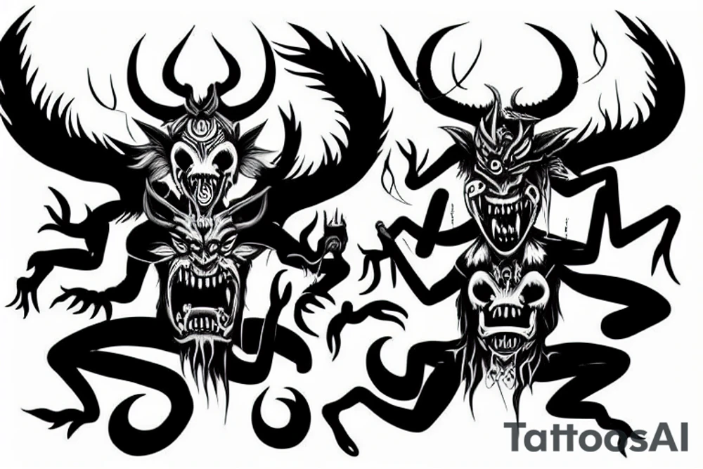 two demons dancing on top of the fire fine style tattoo idea