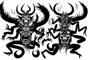 two demons dancing on top of the fire fine style tattoo idea